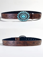 رخيصةأون حزام نسائي-حزام نسائي غربي فيروزي اللون - حزام خصر من الجلد الصناعي منقوش بالورود للروديو والمهرجانات وأزياء البوهو والملابس الكاجوال