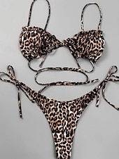 olcso Bikiniszettek-Női Fürdőruha Bikini 2 darab Fürdőruha Nyitott hátú Tropikus Strandruházat Leopárd U-alakú Ujjatlan Fürdőruhák