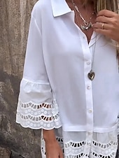voordelige Kant Tops-Dames Overhemd Effen Kleur Stijlvol Casual Lange mouw Overhemdkraag Normale tops Dagelijks Kant Lapwerk Knop Wit Zomer