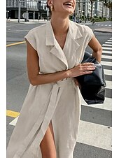 abordables concevoir des robes en coton et lin-Femmes Robe Midi Robe Chemise Robe en coton et lin Moderne Quotidien Sortir Week-end Coupe régulière Uni Sans manches Col de chemise Kaki Été