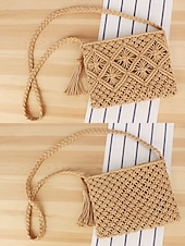 olcso Keresztpántos táskák-női kézzel szőtt boho crossbody táska – vintage makramé válltáska bojttal tengerparti nyaraláshoz és hétköznapi ruhákhoz szín fekete fehér rózsaszín
