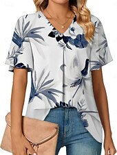 abordables T-shirt floral-Blouses d&#039;été pour femmes tops floraux stylés décontractés manches courtes col en V tops réguliers quotidien imprimé blanc bleu gris bleu clair été printemps