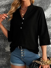 abordables Camisas-Mujer Camisa Color sólido Plano Bohemia Diario Elegante Manga 3/4 Cuello Alto Tops regulares Diario Festivos Noche Botones Negro Rosa Azul Piscina Morado Verde Trébol Verano Primavera