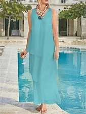 economico Lunghezza del pavimento-Matrimonio in Spiaggia Abito Madre della Sposa Linea A Ospite di Matrimonio Elegante Semplice Collo a V Lunghezza Caviglia Chiffon Senza Maniche con Strati Colore Solido 2025 misura personalizzata