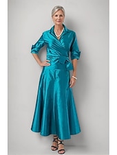 voordelige Jurkensets voor mama-Twee Delige A-lijn Moeder van de Bruid Jurk Elegante Simpele Minimalistische Overhemdkraag Enkellengte Satijn Polyester Halve Mouw met Drapering Effen Kleur Race Dag Jurk