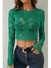 olcso Csipkés felsők-Női Blúz Csipke felsők Sima Elegáns Stílusos Hosszú ujj Terített nyak Crop Tops Napi Alkalmi Csipke Fehér Lóhere Nyár