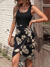 preiswerte Druck Blumen Kleider-Damen Minikleid Strandkleid Strand Ärmellos Formpassend Blatt Ärmellos U-Ausschnitt Blau Khaki Sommer Frühling Herbst