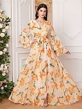 cheap Floor Length-Dress Mother of the Bride Dress Elegant V Neck Floor Length Chiffon Long Sleeve with Sash / Ribbon Ruffles Wedding Guest Dress