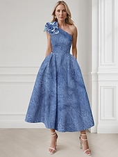 voordelige Cocktailjurken-Jacquard Groen Blauw A-Lijn Cocktailjurk Elegante Jurk Formele Bruiloft Gast Enkellengte Mouwloos Één Schouder Nylon met Zak Schouderbloem Bruiloft Gast Jurk