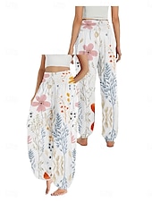billiga Grafisk linnebyxa i bomull-Dam Linneinspirerade byxor Brett skaft Byxor Etnisk Stil Ledigt Boho Fullängd Hög midja Blommig Ficka Elastisk midja Tryck Mateial som andas Mjuk Microelastisk Utomhus Yoga Vit Ljusgrön Rosa Marinblå