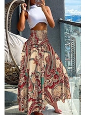 baratos Saias gráficas-Mulheres Saia Bohemia Casual Boho Longo Cintura Média Saias Floral Imprimir Micro-Elástica Férias Rua Azul marinho Amêndoa Vermelho Azul Verão Poliéster