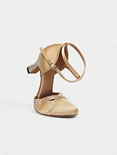 abordables Chaussures de danses latines-Chaussures de danse en satin champagne pour femmes avec talons en strass – élégantes chaussures de salon fermées pour mariage et valse