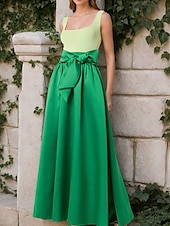 economico VERDE-Abito da Sera A-Line Abito in Stile Celebrità Abito Formale Ospite di Matrimonio Lunghezza Completa Senza Maniche Collo Quadrato Cintura  Nastro Top a Coste Raso Gonna con Fiocco(i)