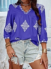 baratos Tops Boho Femininos-Mulheres Blusa Geométrica Boêmia Casual Manga 3/4 Manga Princesa Decote V Tops regulares Diário Imprimir Rosa Azul Marinha Roxo Verde Verão Primavera