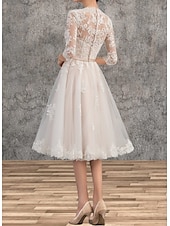 economico Abiti da sposa-Mini Abiti Bianchi per Fidanzamento Abiti da Sposa A-Line Scollo a V Manica 3/4 Lunga Fino al Ginocchio in Raso con Fascia  Applicazioni