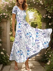 ieftine Rochii florale-Pentru femei Rochie Maxi Rochie casual Rochie A line Rochie de vară Elegant Vacanță Casual Fit regulat Floral Grafic Manșon scurt Pătrat Roșu-aprins Albastru piscină Mov Vară