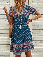 billige Boho-kjoler-Dame Mini kjole Kjole med A-linje Ferie Fritid Bohem utendørs Ut på byen Normal Blomstret Grafisk Kortermet Spagettistropper Navyblå Sommer