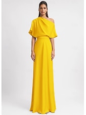 economico GIALLO-Abito da Sera A-Line Giallo Abito Elegante Formale Lunghezza PAVIMENTO Manica 3/4 Spalla Unica Con Tasche Stretch Crepe con Plissettature
