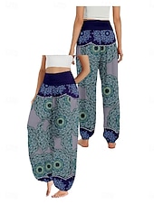 preiswerte Hose aus Baumwollleinen mit Grafik-Damen Leinen-inspirierte Hosen Weites Bein Hosen Hose Ethno-Stil Lässig Boho Volle Länge Hohe Taille Blumen Grafik Paisley-Muster Tasche Elastischer Bund Drucken Atmungsaktivität Weich Mikroelastisch