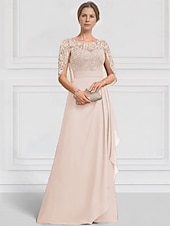 economico Lunghezza del pavimento-Abito per la Madre della Sposa A-Line Blu Verde Elegante Collo a Giro Lunghezza Piena Chiffon Maniche Corte Giacca con Ricamo in Pizzo