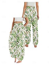 economico Pantaloni in cotone e lino con grafica-Per donna Pantaloni ispirati al lino Gamba larga Pantaloni Stile Etnico Casual Boho Lunghezza intera Vita Alta Floreale Foglia Tropicale Tasca Elastico in vita Stampa Traspirabilità Morbido