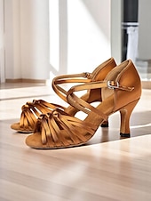 voordelige Latin dansschoenen-Bruine satijnen latin danshakken voor dames – open schoenen met bandjes voor dames, salsa, rumba en tango