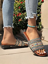 voordelige Vakantiesandalen-Boheemse platte sandalen voor dames – kleurrijke geborduurde bandjes, comfortabele en stijlvolle schoenen voor casual zomerdagen, strand en vakantie
