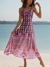 billiga Boho klänningar-Dam Maxiklänning A linjeklänning Slipklänning Semester Ledigt Boho Strand Normal Grafisk Årgång Boho Paisley Damask Ärmlös V-hals Rodnande Rosa Rubinrött Blå Purpur Sommar Vår