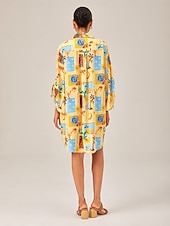 baratos Vestidos Florais-Mulheres Feminino Camisetão Vestido no Joelho Amarelo Manga Longa Folha Animal Árvore Botões Estampado Verão Colarinho de Camisa Férias Lazer XS S M