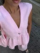 abordables Ensembles chemisiers pour femmes-Femmes Actif Mode Ensembles en coton et lin Chemisier Gilet Sans manches Col en V Couleur Unie Dubbele Rij Knopen Date Décontracté Quotidien Noir Rose Claire Bleu clair Été Coupe régulière
