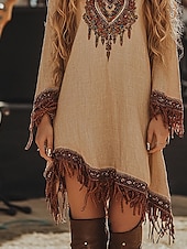 levne Boho šaty-Dámské Midi šaty Boho šaty Šaty s potiskem Westernové šaty Módní Moderní Venkovní Dovolená Běžný Květiny Dlouhý rukáv Do V Khaki Léto
