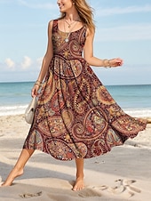 preiswerte Boho Kleider-Damen Midikleid Sommerkleid A Linie Kleid Schulterfreies Kleid Urlaub Lässig Normale Passform Grafik Paisley-Muster Boho Paisley Damast Ärmellos U-Ausschnitt Rundausschnitt Wein Blau Fuchsie Grün