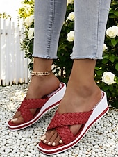 billige Uformelle sandaler-kvinners vevde sandaler med kile – uformelle sandaler med kryssreim med åpen tå for sommer og ferie