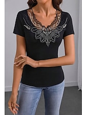 billige Plain t-skjorte-Dame Boho skjorte Bluse Blomsternål i krystall Moderne Fritid Kortermet V-hals Vanlige topper Daglig Ferie Ut på byen Lapper Broderi Svart Sommer