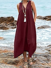 economico abiti stampati in cotone e lino-Per donna Abito Midi Abito in cotone e lino Essenziale Casual Vacanza Quotidiano Vestibilità regolare Semplice Senza Maniche Scollo a V Nero Vino Cachi Estate