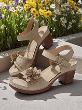 billiga Komfortsandaler-blomsandaler med tjocka klackar för kvinnor – bruna sommarskor i konstläder med ankelrem och 3d-blomsterdesign för trädgårdspromenader och utomhussammankomster