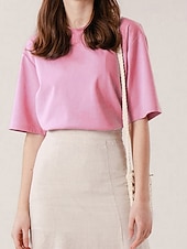 abordables Chemises-Femmes Chemise en lin Chemisier Uni Occasionnel Manche Courte Col ras du cou Hauts Réguliers Quotidien Fête Sortir Noir Jaune Rose Claire Abricot Été