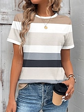 preiswerte Streifen- und geometrisches T-Shirt-Damen T Shirt Druck Grafik Geometrisch Gestreift Vintage Stilvoll Klassisch Kurzarm Rundhalsausschnitt Rundhals Normale Oberteile Täglich Gras-Grün Khaki Sommer Frühling
