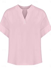 voordelige Overhemden-Dames Blouse Effen Basic Casual Korte mouw Gekerfde nek Normale tops Dagelijks Knop Zak Rood blauw Paars Beige Zomer Lente