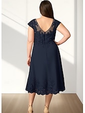 abordables Longueur du thé-Robe Mère de la Mariée A-Line Invité de Mariage Élégante Col Ronde Mi-Longue en Chiffon À Manches Courtes avec Appliques Robe Midi 2025