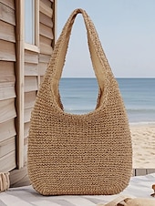 voordelige Handtas &amp; Draagtassen-dames handgemaakte geweven stro schoudertas - grote boho strandtas voor zomerreizen, vakantie en casual outfits bruin beige