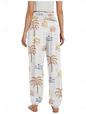 billiga Grafisk linnebyxa i bomull-Dam Linneinspirerade byxor Brett skaft Byxor Etnisk Stil Ledigt Boho Fullängd Hög midja Blommig Ficka Elastisk midja Tryck Mateial som andas Mjuk Microelastisk Utomhus Yoga Vit Gul Rosa Purpur Sommar