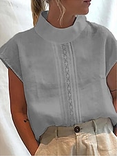 economico Camicie-Blusa Donna Cotone Lino Monocromatica Basic Casual Manica Corta Alta Collo Top Quotidiani Patchwork Bianco Grigio Estate Primavera