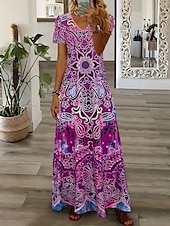 ieftine Rochie boho-Pentru femei Rochie Maxi Rochii Tricou Rochie de Vară Rochie de vară Vacanță Boho Concediu Fit regulat Grafic Tribal Abstract Manșon scurt Stil Nautic Galben Albastru piscină Mov Portocaliu Var