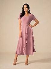 preiswerte abendkleider-Damen Maxidress A Linie Kleid Elegant Ausgefallene Hochzeit kleid hochzeitsgast Lockere Passform Feste Farbe Kurzarm Asymmetrisch V Ausschnitt Erröten Sie Rosa Sommer Frühling