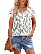 levne tričko umění a designu-Womenské blůzy Krajka Splicing Top Květinové Listy Stylový Neformální Krátký rukáv V Krk Pravidelné topy Denní Krajkový potisk Žlutá Modrá Meruňková Léto Jaro