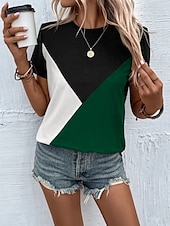 abordables T-shirt rayé et géométrique-Femmes Chemisier Géométrique Occasionnel Chaussures de plage Manche Courte Col ras du cou Hauts Réguliers Quotidien Imprimé Rose Claire Fuchsia Vert Gris Été Printemps