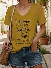 preiswerte Humor &amp; Zitate T-Shirt-Damen T Shirt Grafik Tiermotiv Kuh Vintage Stilvoll Klassisch Kurzarm V Ausschnitt Normale Oberteile Täglich Ausgehen Wochenende Druck Schwarz Weiß Gelb Grün Hellgrau Sommer Frühling