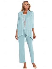 economico Tailleur pantalone della mamma-Completo pantalone 3 pezzi per la madre della sposa, elegante, con scollo rotondo, lunghezza pavimento, in chiffon, maniche lunghe, con volant a cascata in pizzo, arricciato, 2025