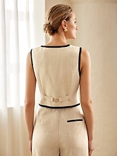 abordables Costumes-pantalons pour maman-tailleur-pantalon deux pièces en mélange de lin et de coton, couleur contrastée, pour mère de la mariée, élégant, simple, minimaliste, col en V, longueur au sol, sans manches, avec boutons, 2025